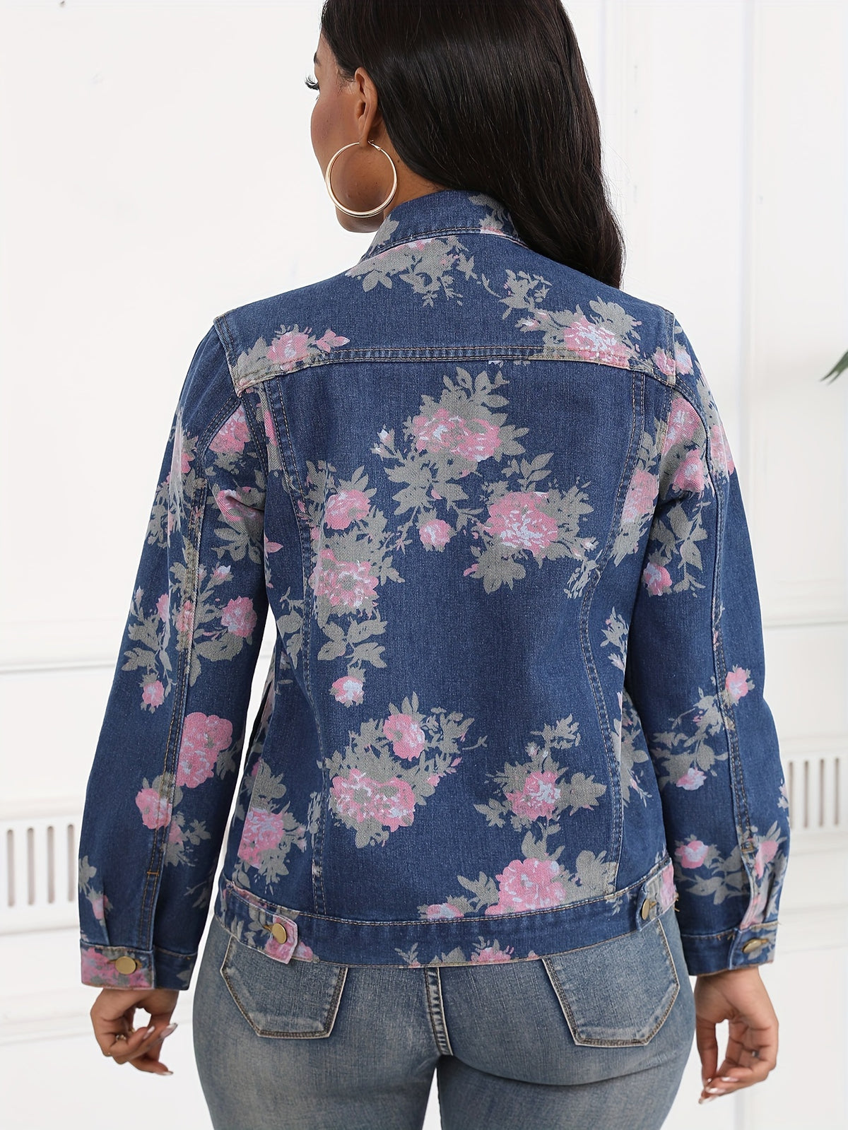 Women's Floral Print Denim Jacket Long Sleeve Flower Printed Jean Coat Casual Streetwear Spring Fall Outerwear Layering Top