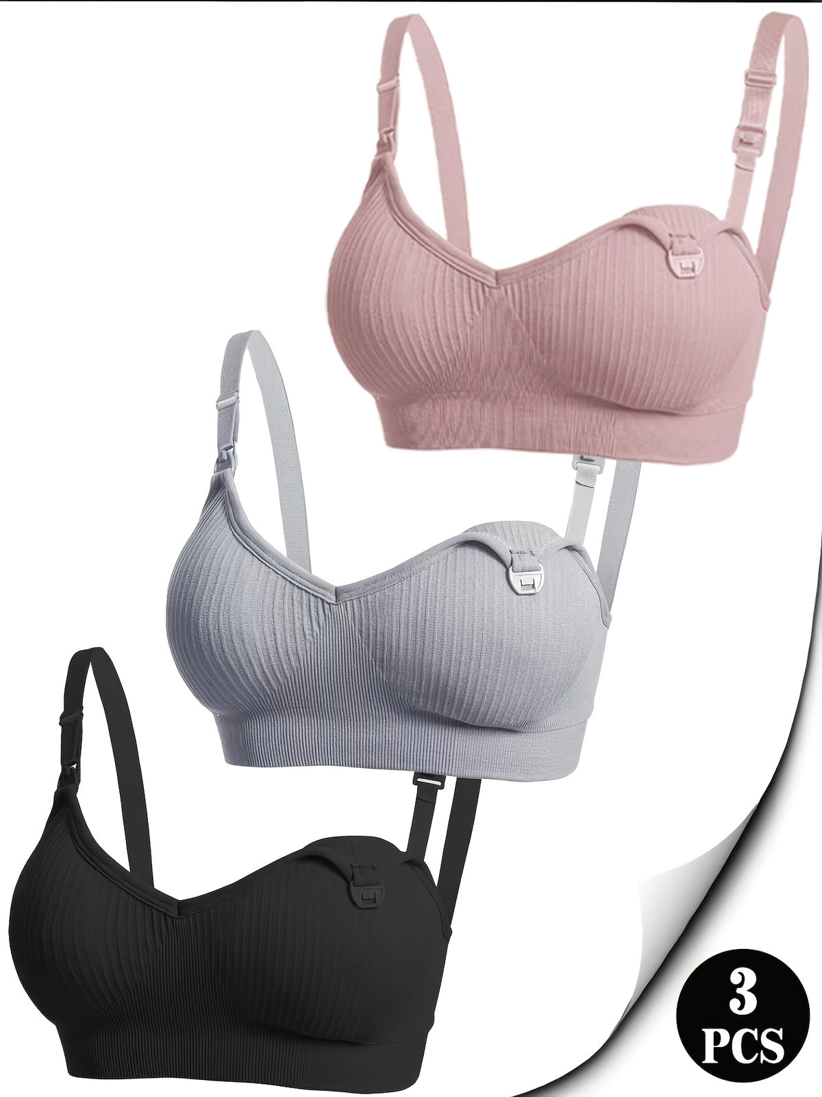 Breastfeeding Bra 3 Pack Postpartum Nursing Open-Button Multi-Color Maternity Underwear with Removable Chest Pads Medium Support
