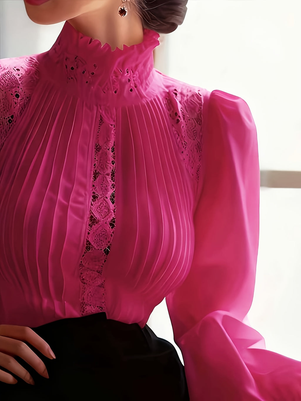 White Hollow Puff Sleeve Blouse Women Ruffled Turtleneck Elegant Luxury Top Designer Style Shirt