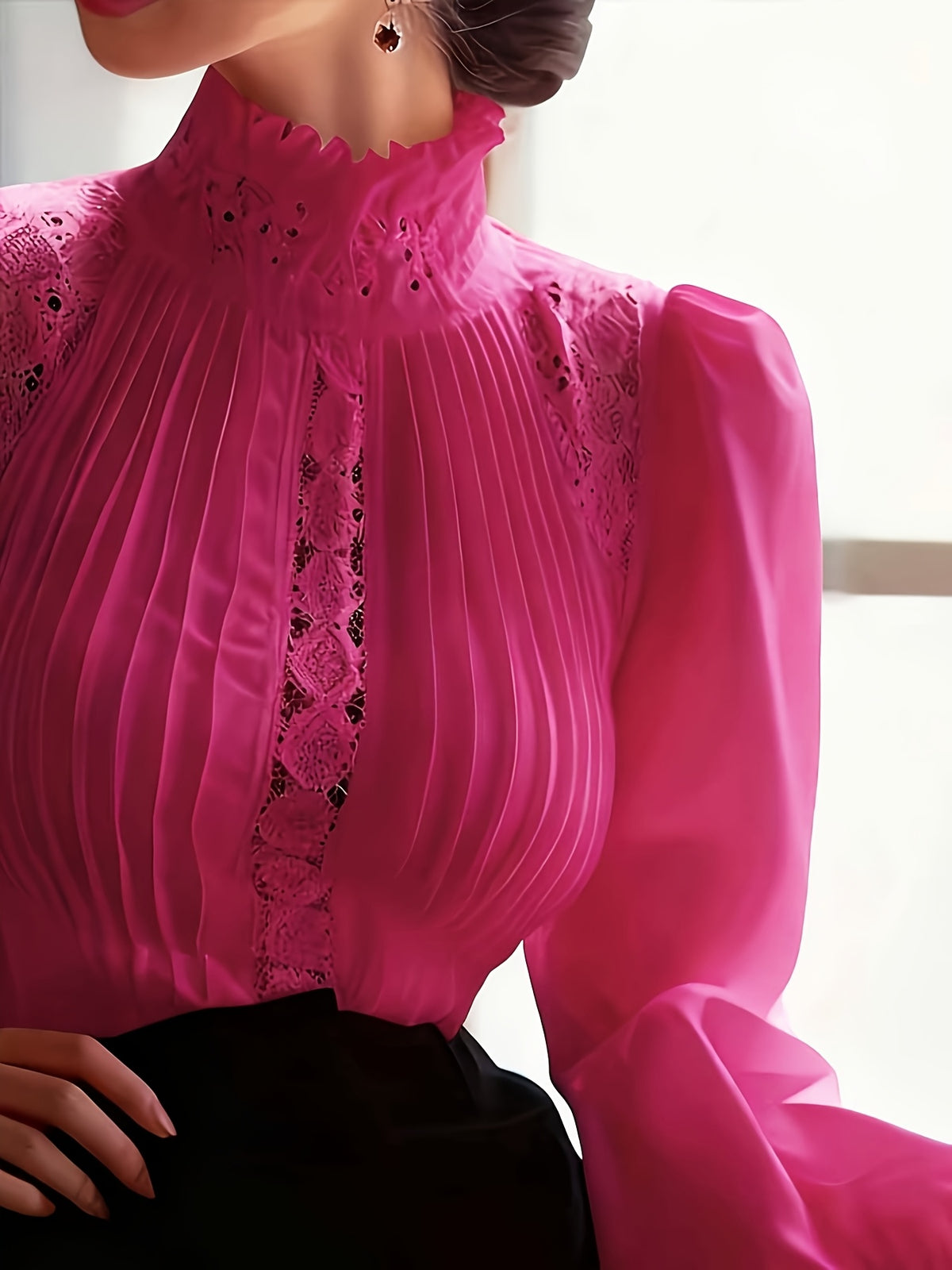 White Hollow Puff Sleeve Blouse Women Ruffled Turtleneck Elegant Luxury Top Designer Style Shirt