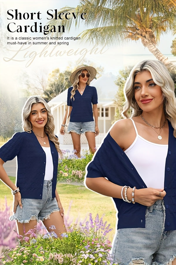 Women's Cropped Crochet Cardigan Puff Sleeve Linen Blend Sheer Lace Knit Short Top Breathable Lightweight Spring Summer Boho Fashion