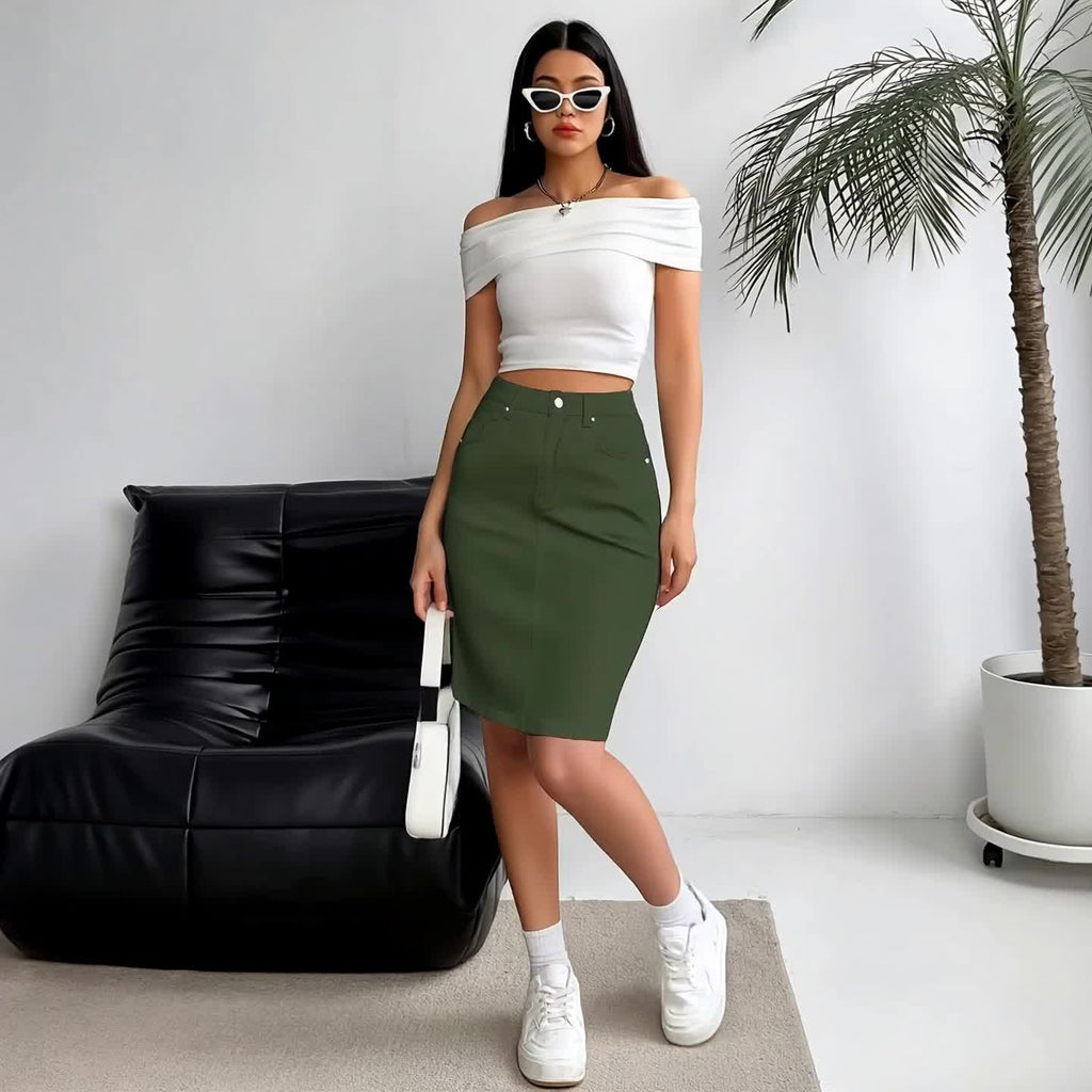 Women High Waist Green Denim Pencil Skirt Back Slit Five Pockets Slim Fit Stretch Casual Street Style Spring Summer Fall