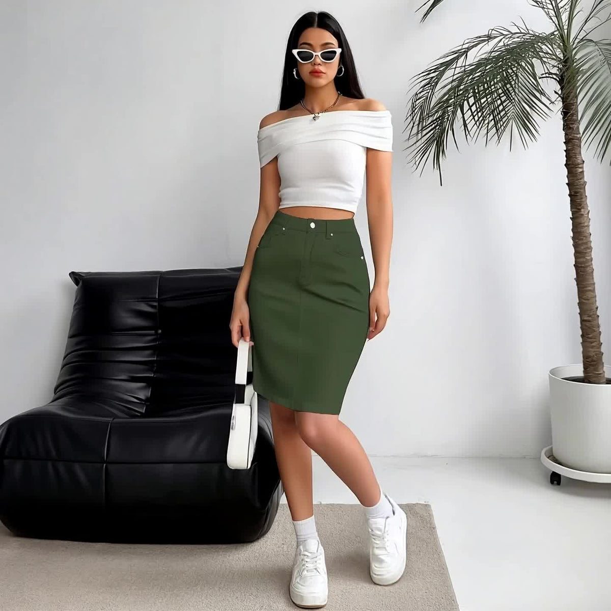 Women High Waist Green Denim Pencil Skirt Back Slit Five Pockets Slim Fit Stretch Casual Street Style Spring Summer Fall