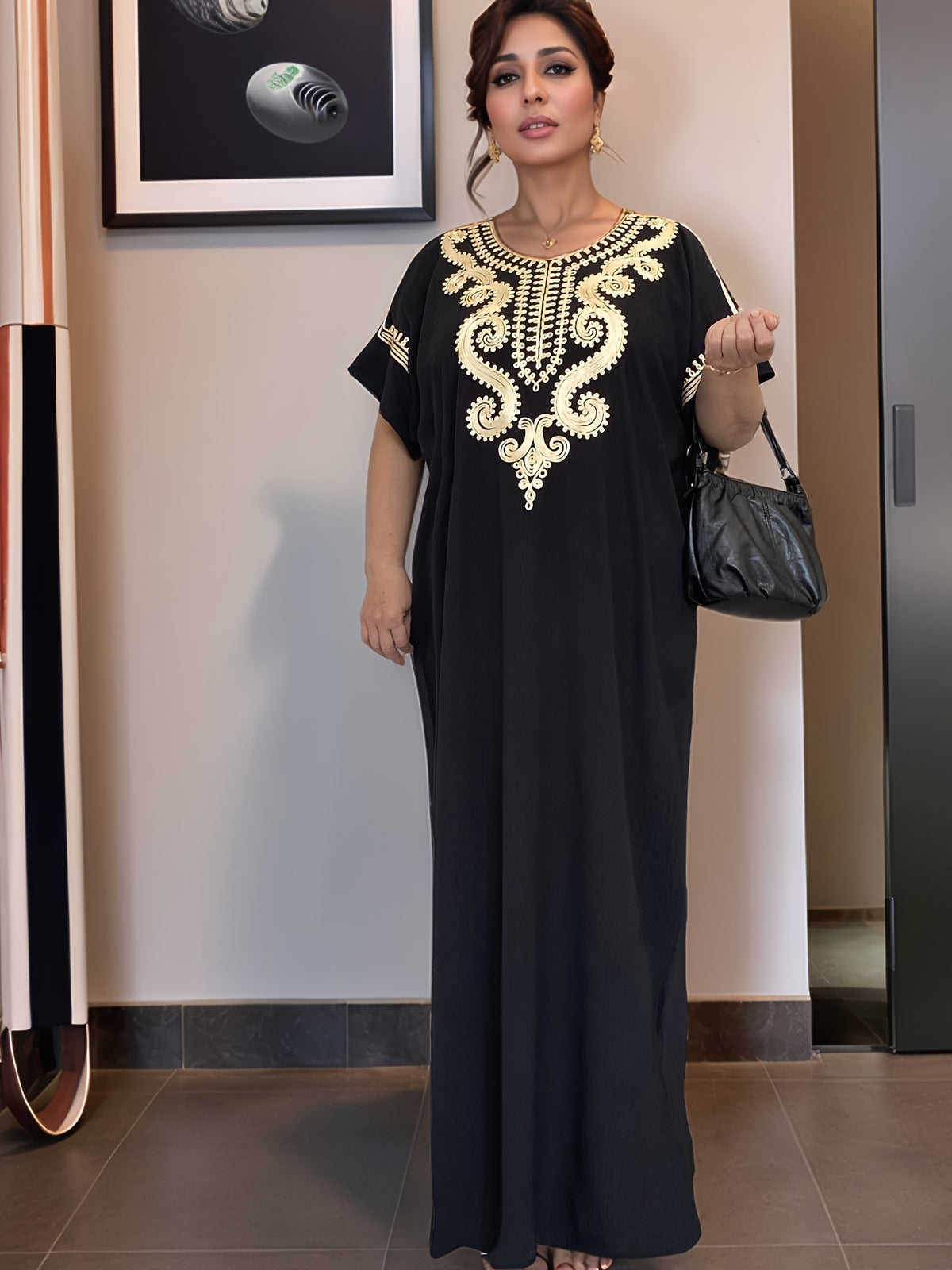 Women's Kaftan Dress Muslim Short Sleeve Round Neck Modest Robe for Hajj Eid Wedding Everyday Wear Year-Round Comfortable Cultural Dress for Women