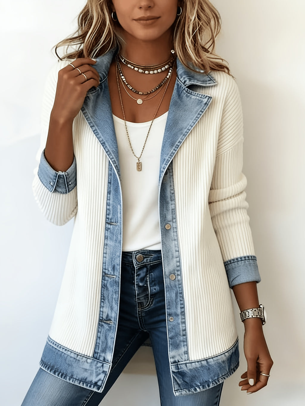 Women Casual Mid-Length Open Front Cardigan Jacket Long Sleeve Loose Fit White S-XXL