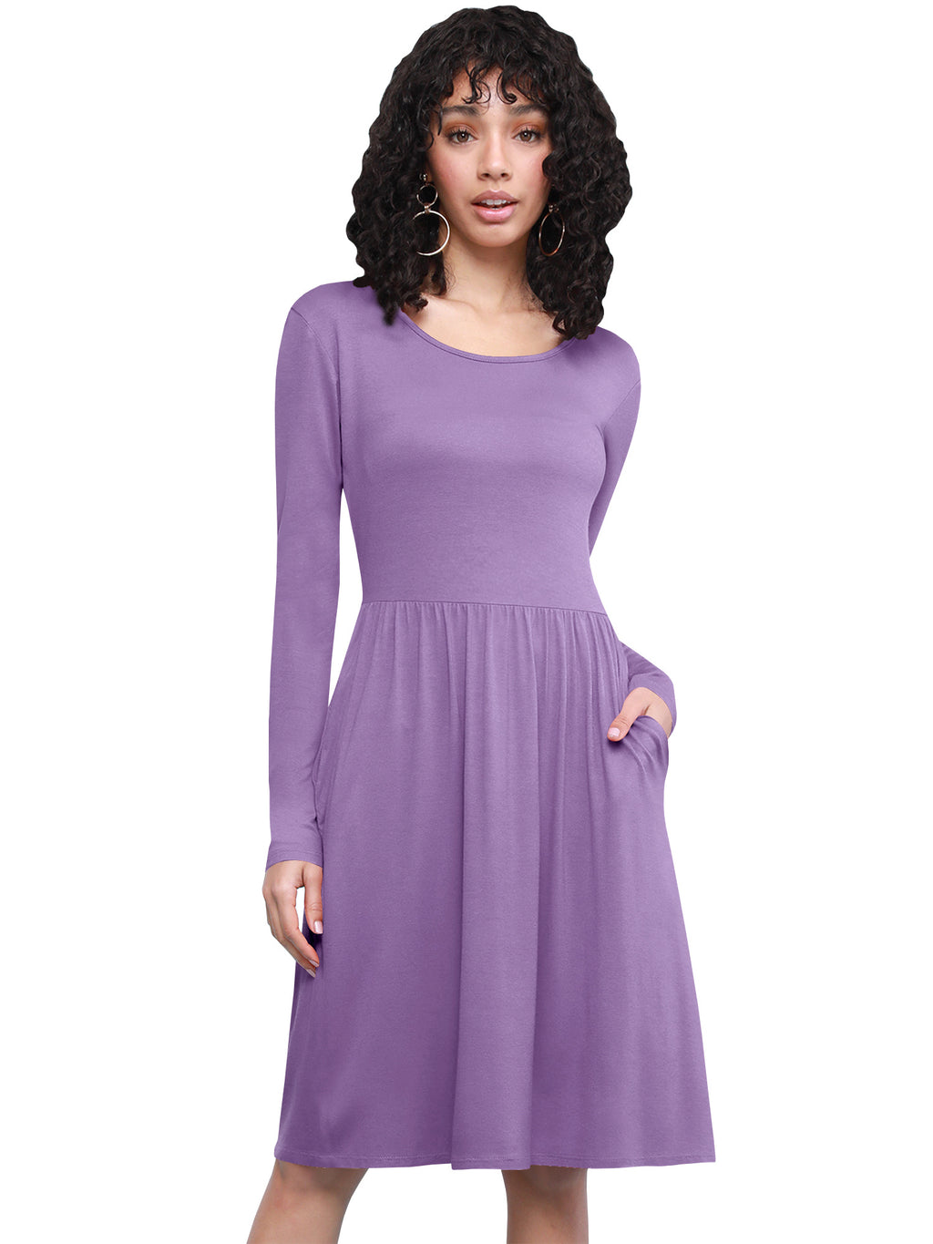 Long Sleeve Flowy Dress with Pockets Women Casual Soft Breathable Relaxed Fit Everyday Dress 18 Colors S-XXL
