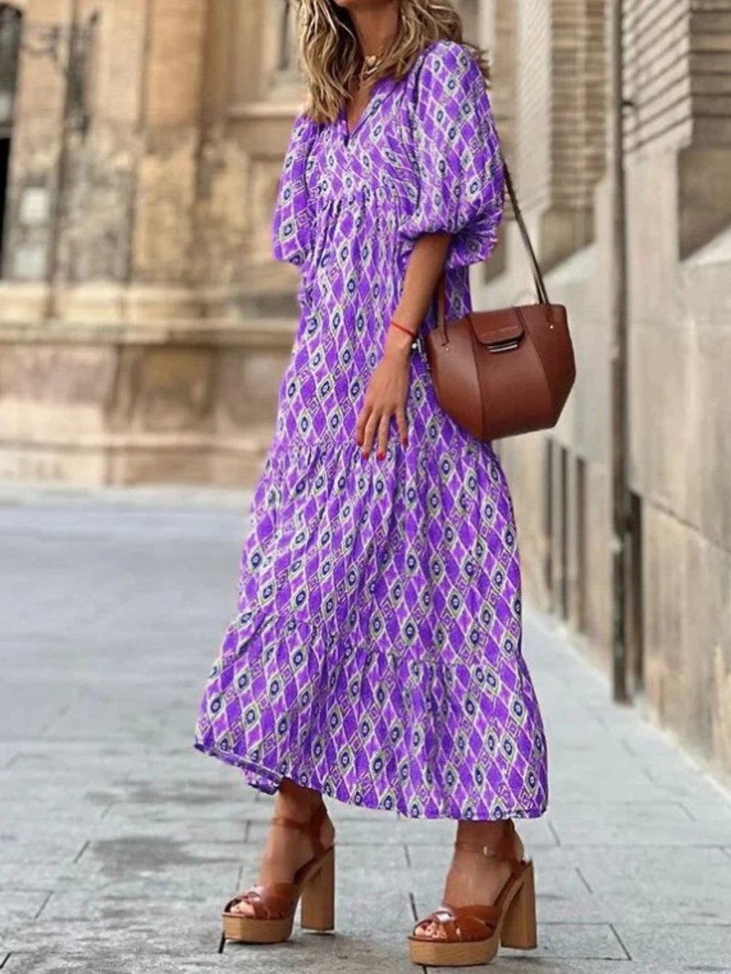 Boho Floral Puff Sleeve Maxi Dress Women V-Neck Lantern Sleeve Loose Long Dress Geometric Floral Print Lightweight Summer Dress S-XXL