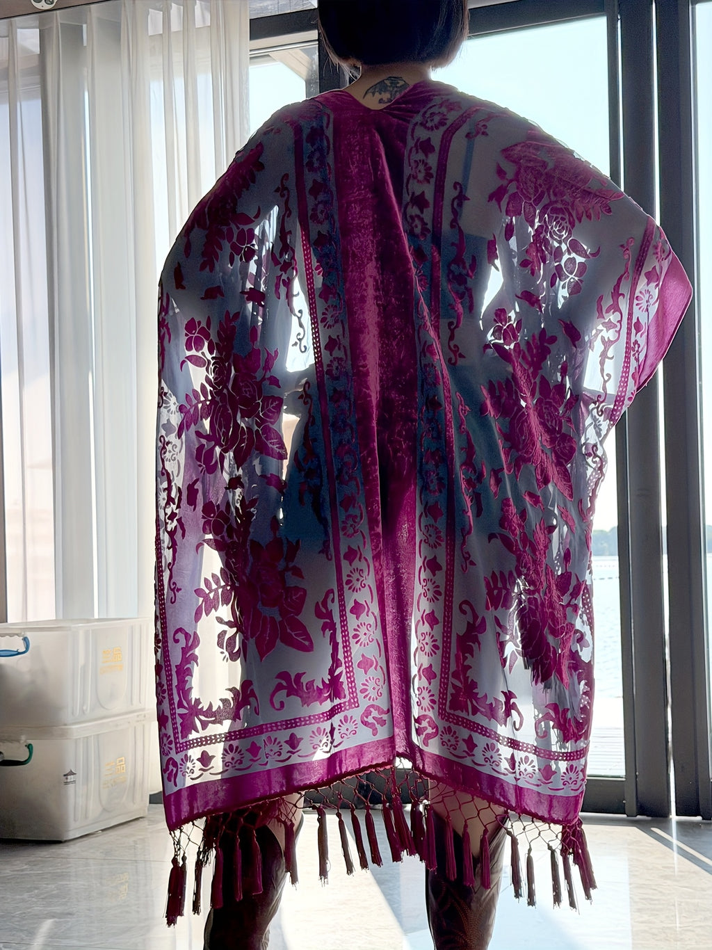 Boho Burnout Velvet Kimono Women Long Cardigan Cover Up Tassel Floral Embroidered One Size