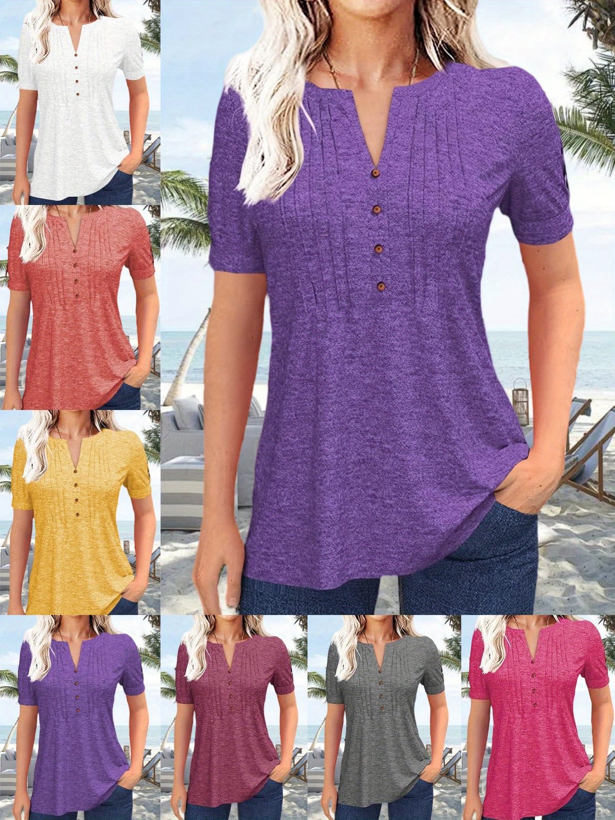 V-Neck Pleated Blouse Women Short Sleeve Button-Up Solid Color Summer Casual Flowy Top S-XL