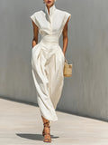 High Neck Long Maxi Dress Women White Open Sleeve Pleated Waist Pocket Elegant Formal Casual Polyester Smooth Gown S-XXL