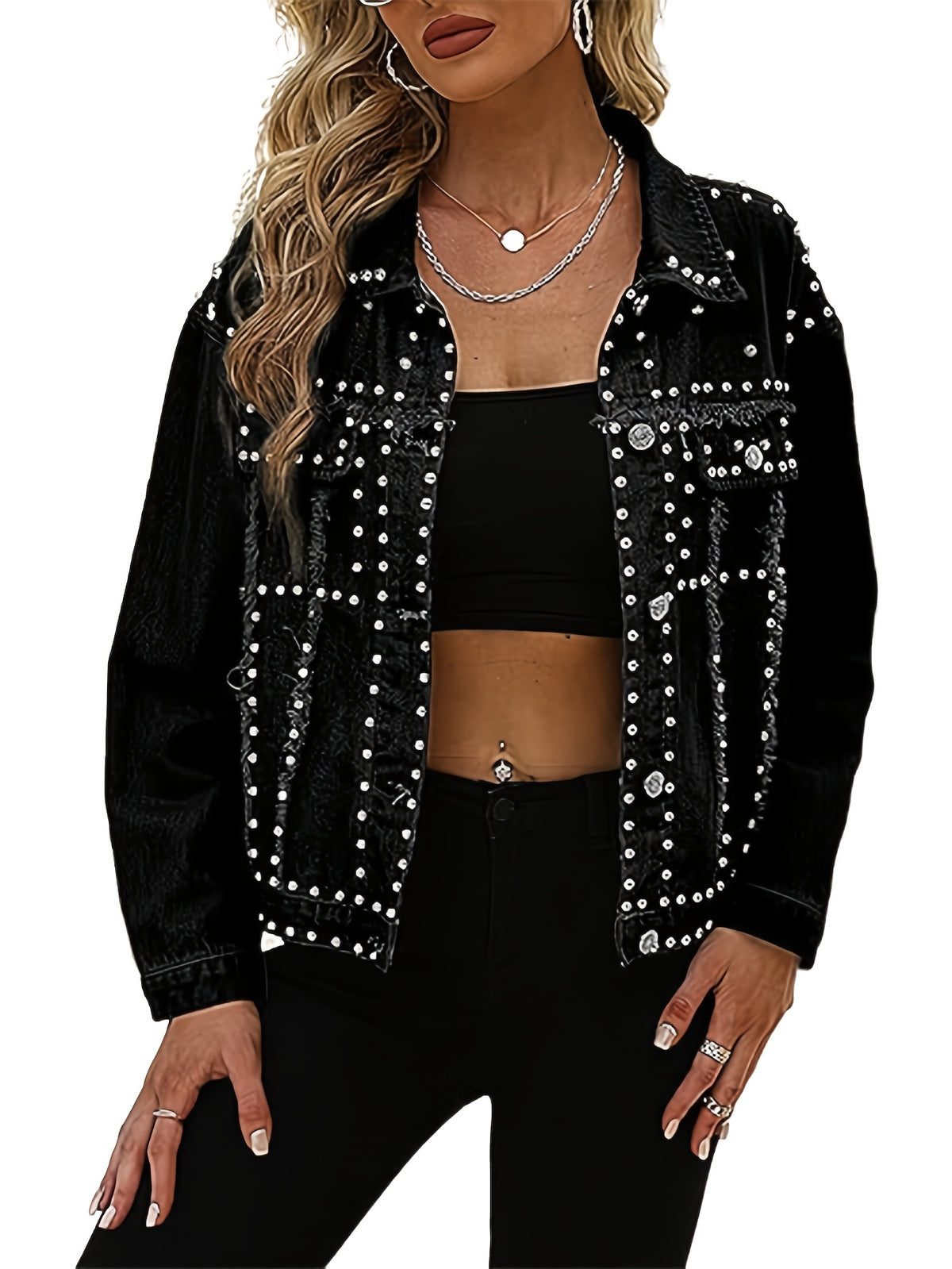 Women's Crop Fringe Denim Jacket Distressed Western Studded Black Trucker Jean Coat Silver Stud Long Sleeve Streetwear