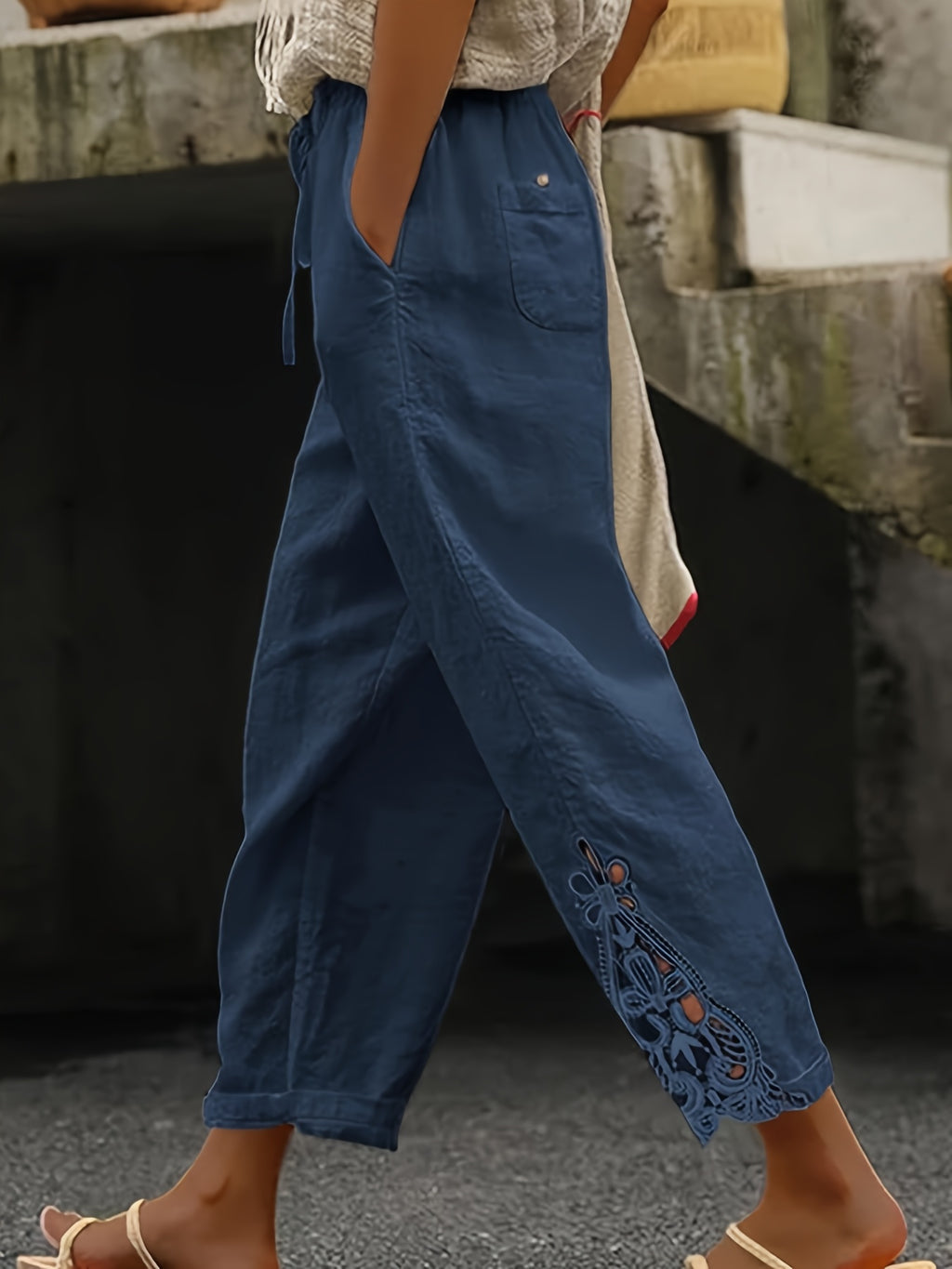 Lace Trim Wide Leg Pants Women High Waist Drawstring Casual Nine-Point Pants White Khaki Black Grey S-XXL