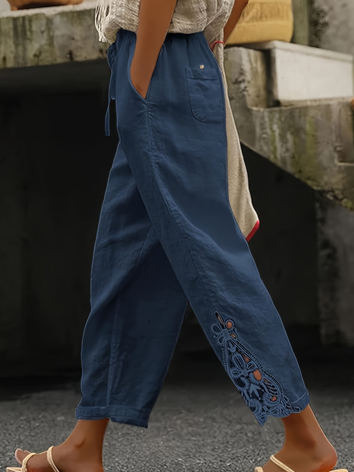 Lace Trim Wide Leg Pants Women High Waist Drawstring Casual Nine-Point Pants White Khaki Black Grey S-XXL
