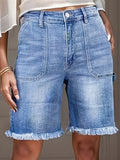 High Waist Frayed Hem Cargo Denim Shorts Women Gradient Wash Casual Jean Shorts Light Blue S M L XL XXL