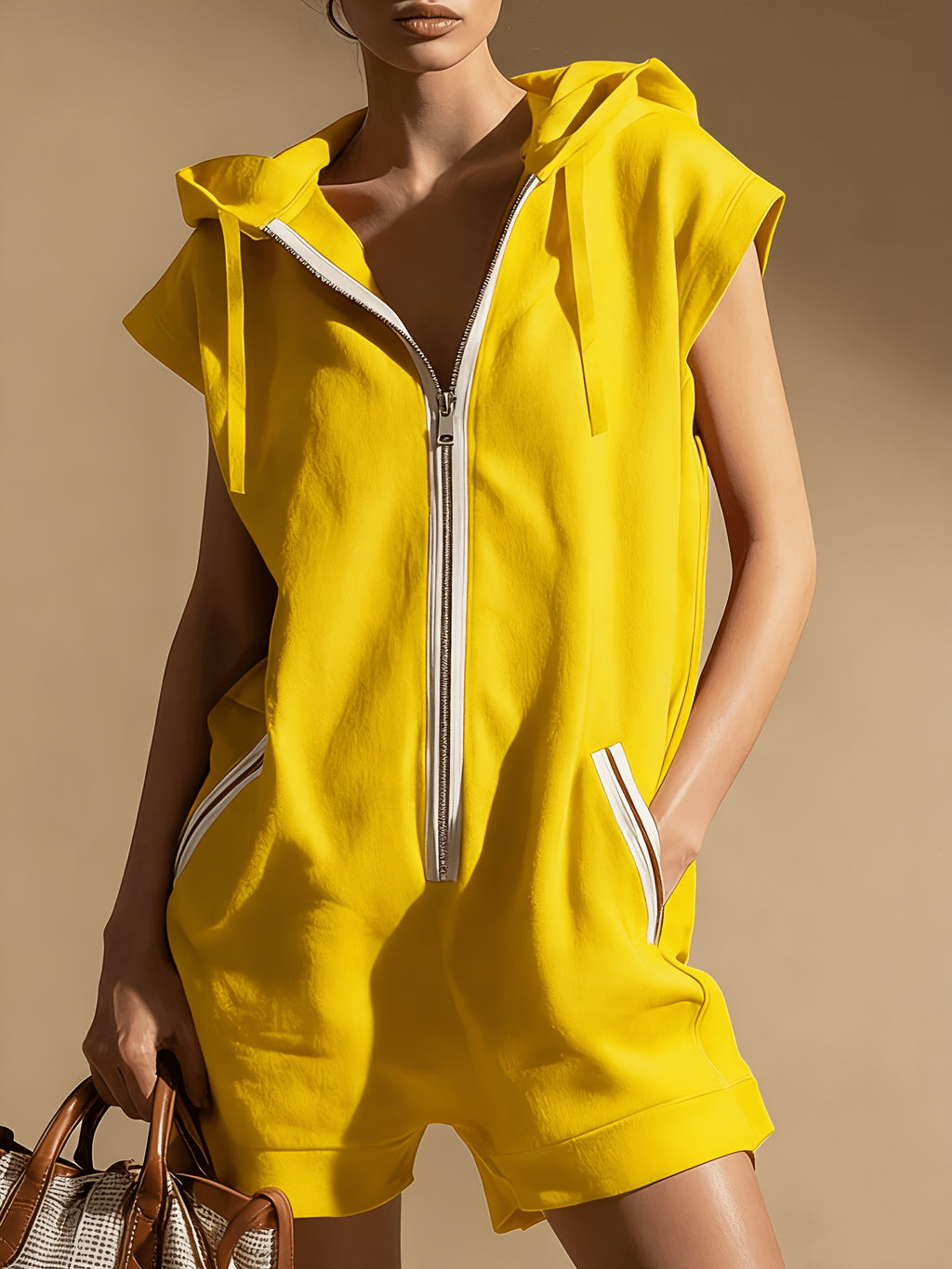 Women's Hooded Sweatshirt Sports Jumpsuit Solid Color Casual Athletic One Piece Hoodie Romper Activewear for Outings & Gym