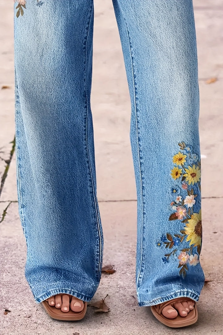 Women's High-Waisted Washed Embroidered Straight Leg Jeans Stretch Beltless Light Blue Purple All Season