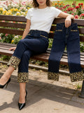 Y2K Leopard Print High Waist Butt Lifting Stretchy Jeans Women Dark Wash Casual Streetwear Denim Pants Deep Blue S-XXL