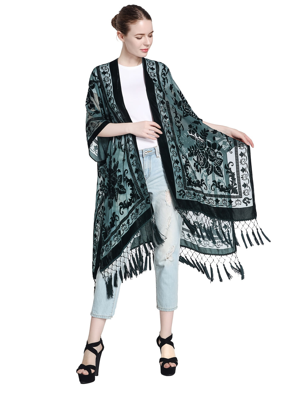 Boho Burnout Velvet Kimono Women Long Cardigan Cover Up Tassel Floral Embroidered One Size