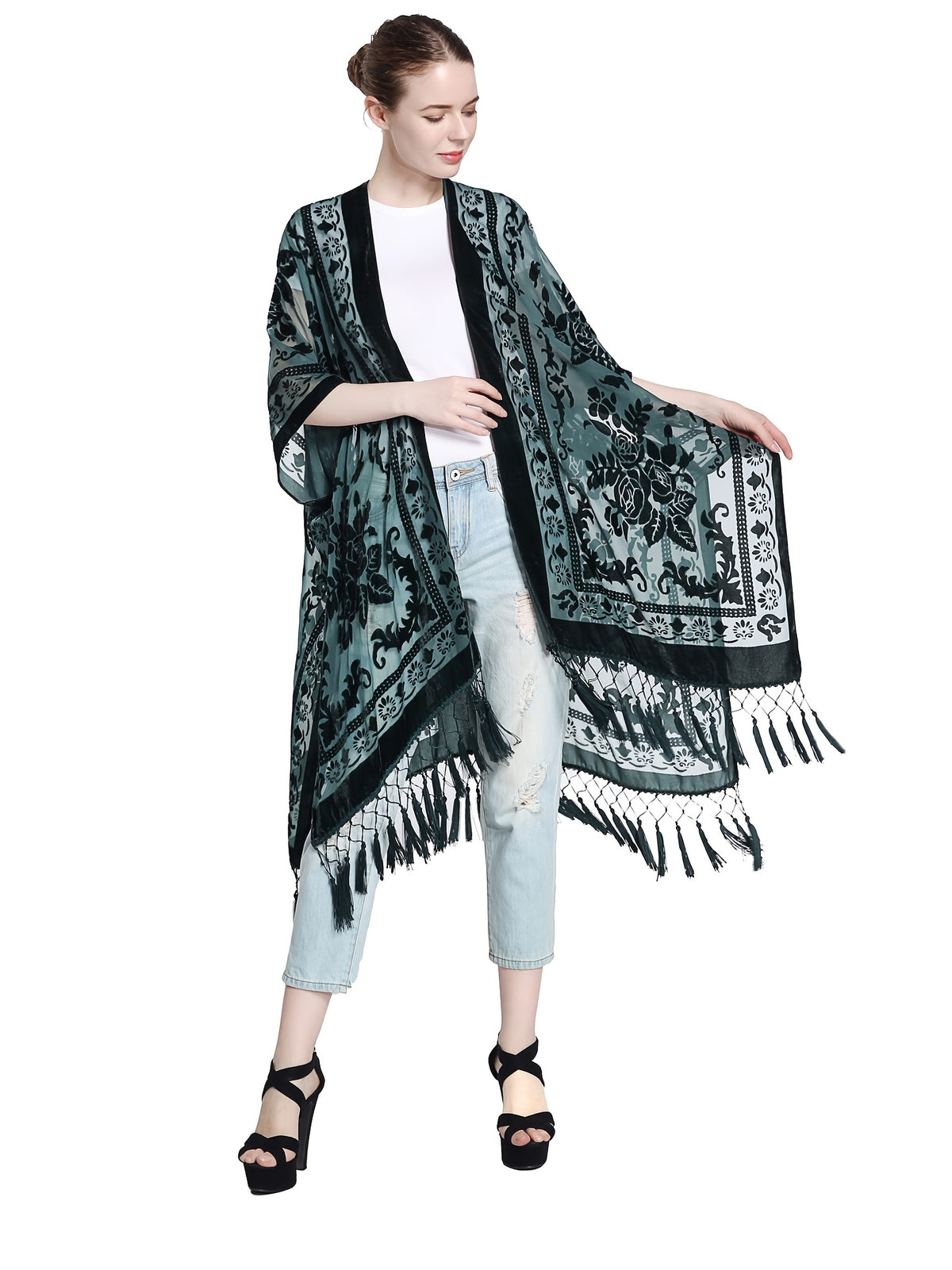 Boho Burnout Velvet Kimono Women Long Cardigan Cover Up Tassel Floral Embroidered One Size