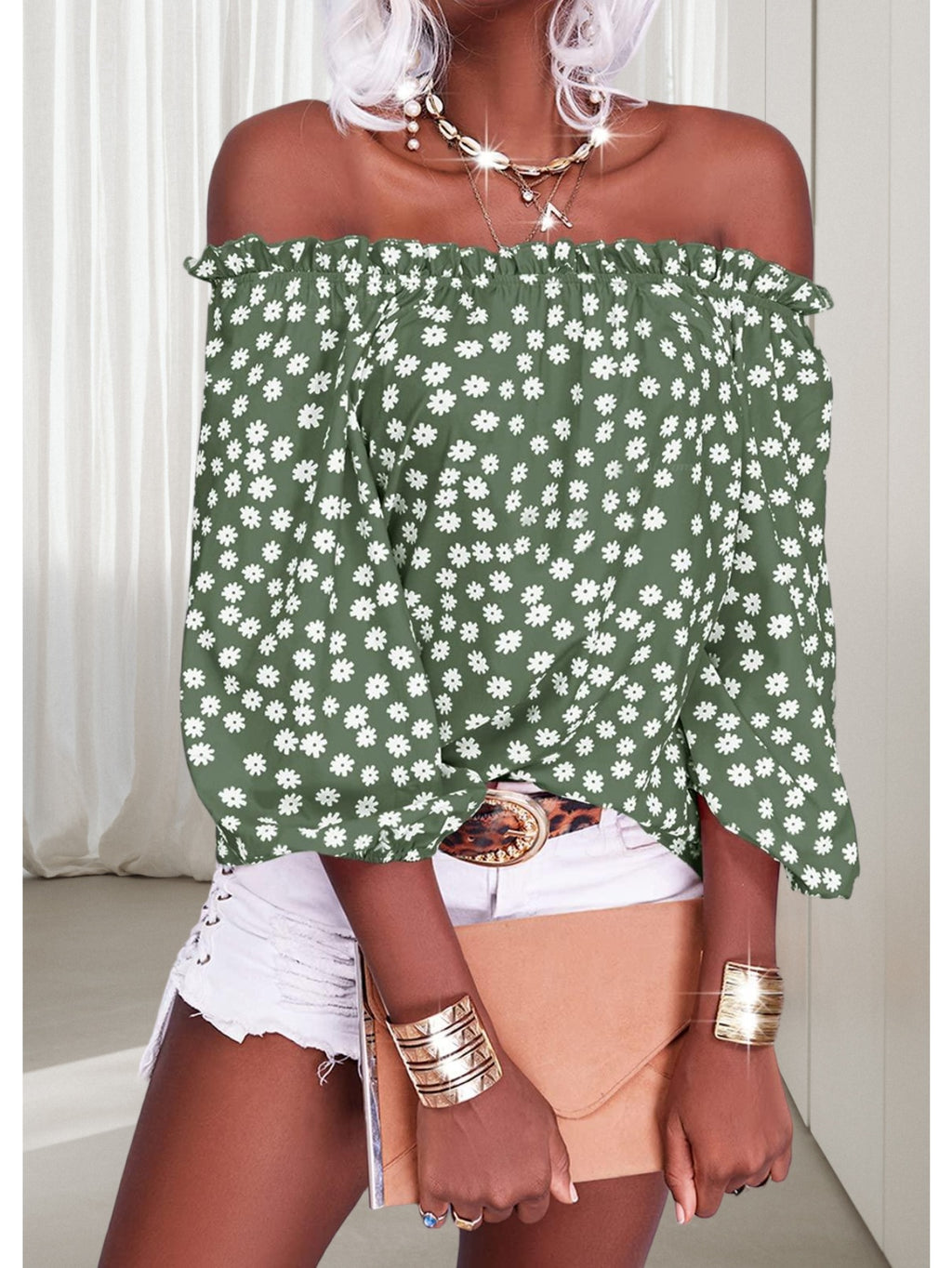 Floral Off Shoulder Chiffon Blouse Women 3/4 Sleeve Casual Summer Top Shirt 10 Colors S-XXL