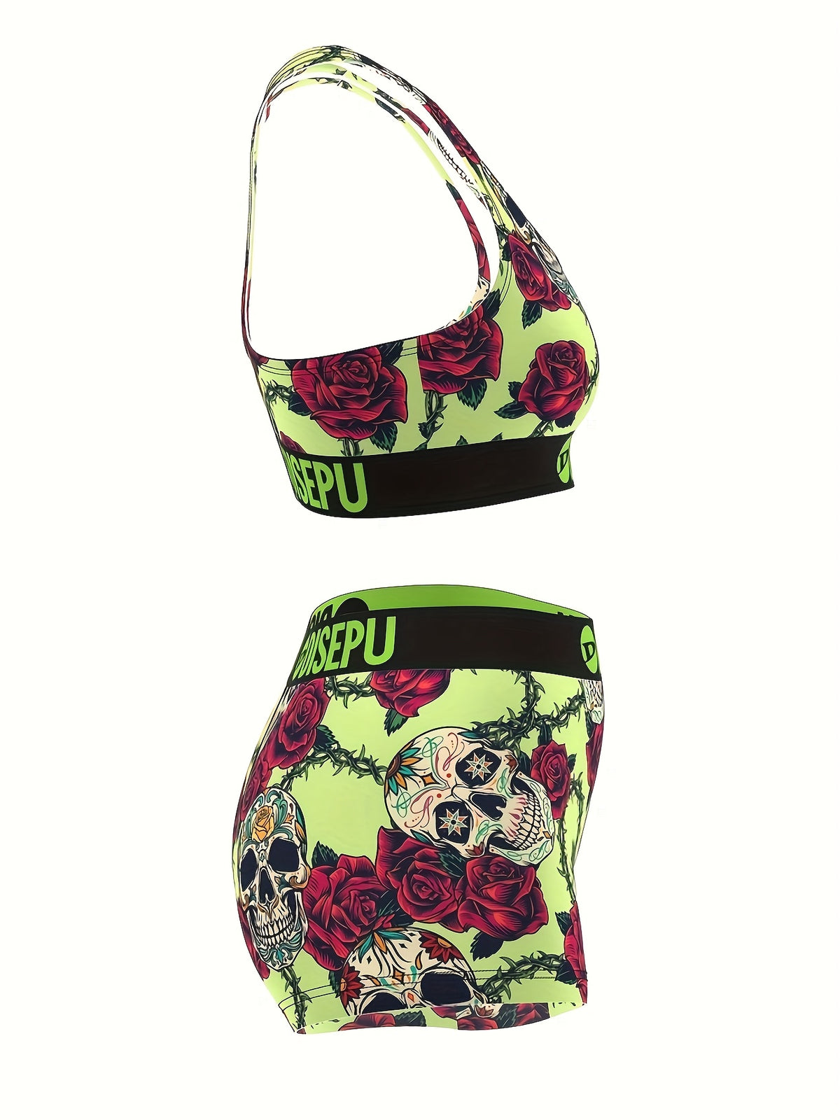 Skull & Rose Gothic 2-Piece Sports Bra & Shorts Set for Women – Neon Green High-Stretch Activewear for Gym, Yoga, Beach, Festival & Halloween Workout
