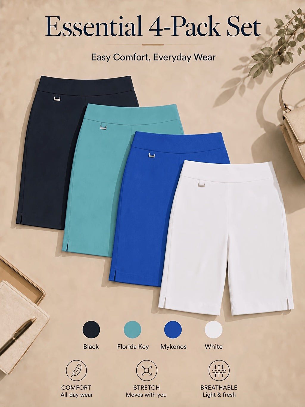 Women's Bermuda Shorts 4-Pack Pull-On Stretchy Breathable Knee Length Work Shorts with Side Slit Hem Skin-Friendly Multi-Color Set