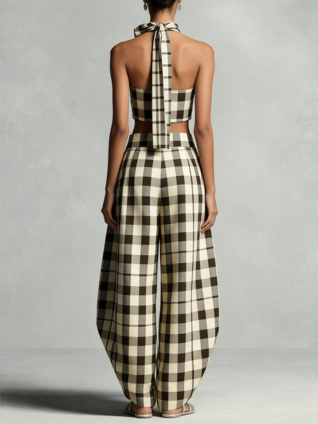 Plaid Halter Crop Top Wide-Leg Lantern Pants 2pcs Set Women Retro Elegant Date Dinner Party Chic Outfit Black White Blue Spring Summer S-XXL