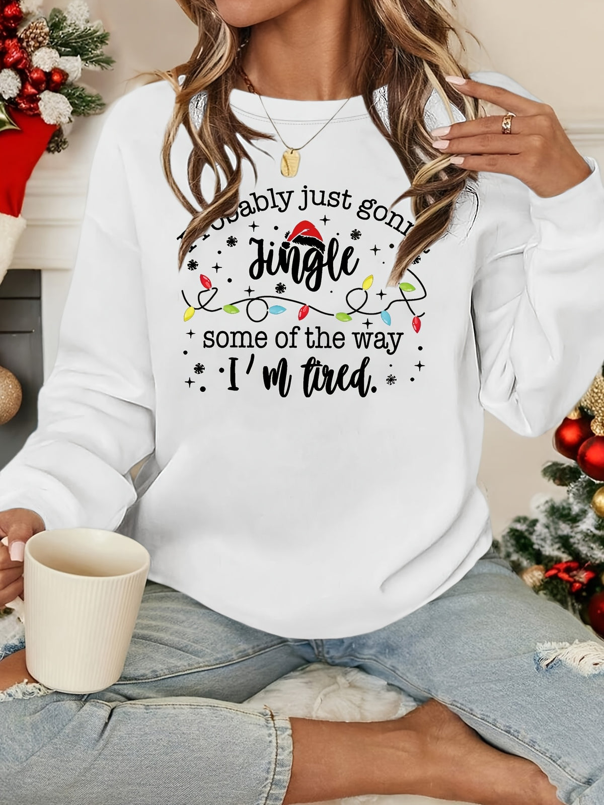 Funny Christmas Sweatshirt Jingle Tired Xmas Graphic Pullover Women Casual Holiday Sweater Light Grey Green