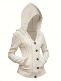 Women Cable Knit Hooded Cardigan Button Up Long Sleeve Solid Color Chunky Knit Casual Sweater Coat Cozy Fall Winter Layering Outerwear