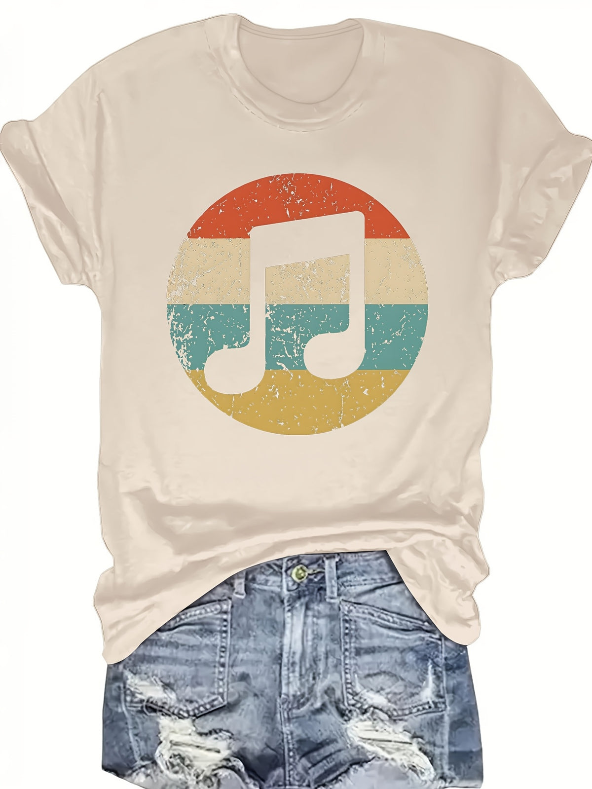 Music Note Graphic Print T-Shirt Women Round Neck Short Sleeve Casual Festival Concert Tee Non-Transparent Machine Wash S-XXL