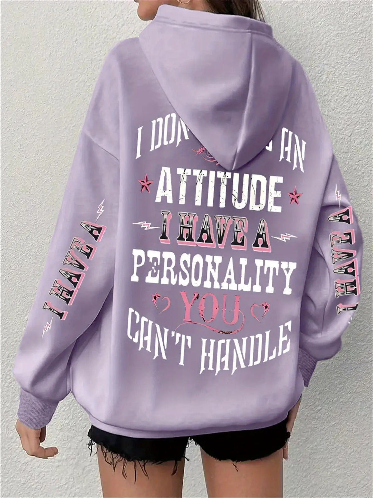 Funny Sassy Quote Hoodie Women Full Body Print Pullover Sweatshirt Attitude Personality Statement Fall Winter Violet Apricot Grey
