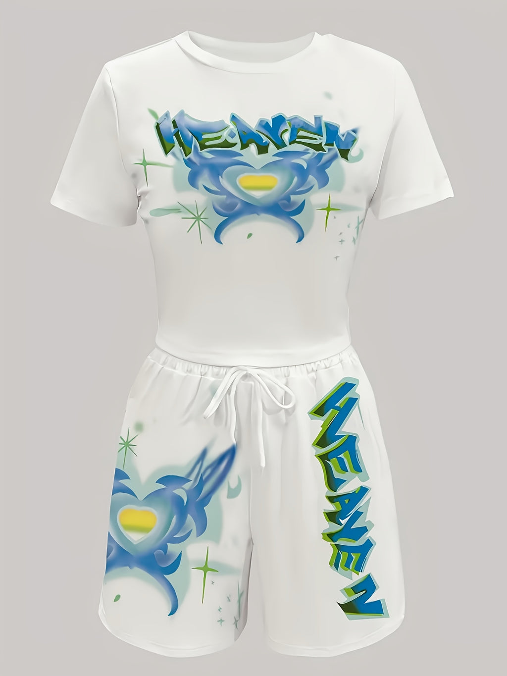 Heart Letter Print 2 Piece Set Women Short Sleeve Top High Waist Shorts Cute Casual Matching Outfit Summer S-XXL