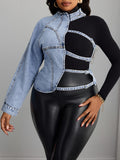 Women's One-Shoulder Patchwork Denim Top Asymmetric Irregular Short Sexy Denim Jacket Casual Streetwear Statement Top