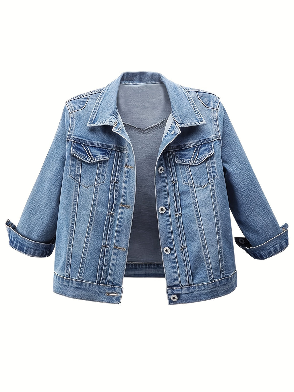 Vintage Wash Cropped Denim Jacket Women Slim Fit Button-Up Casual Spring Fall Layering Dark Blue Medium Blue S-XXL
