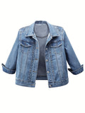 Vintage Wash Cropped Denim Jacket Women Slim Fit Button-Up Casual Spring Fall Layering Dark Blue Medium Blue S-XXL