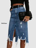 Women High Waist Distressed Denim Midi Skirt Stretch Washed Fringe Hem Ripped Asymmetrical Medium Blue S-XXL