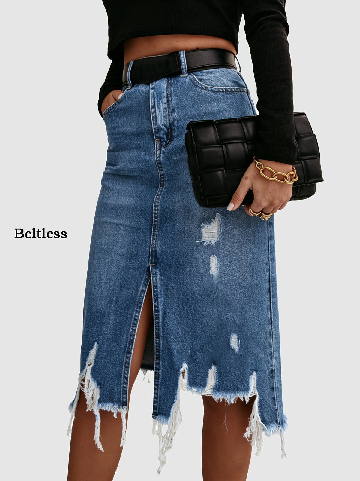 Women High Waist Distressed Denim Midi Skirt Stretch Washed Fringe Hem Ripped Asymmetrical Medium Blue S-XXL