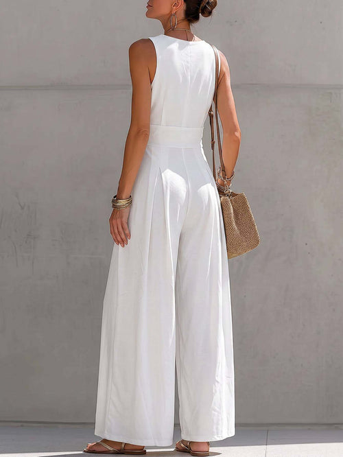 Color-block Wide-Leg Jumpsuit Women Zipper Waist-Cinching Elegant Relaxed Vacation Date Chic One Piece S-XXL