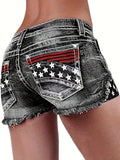 Women Star Striped American Flag Stretch Denim Shorts Patriotic Print Casual Summer Jean Shorts Grey XL