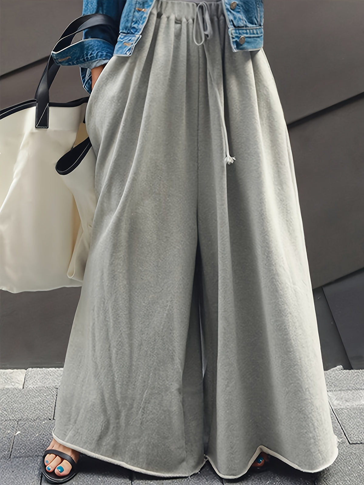 Wide Leg Lounge Pants Women High Waist Baggy Sweatpants Rolled Hem Elastic Waist Solid Grey Casual Home All-Season Urban Style S-XXL