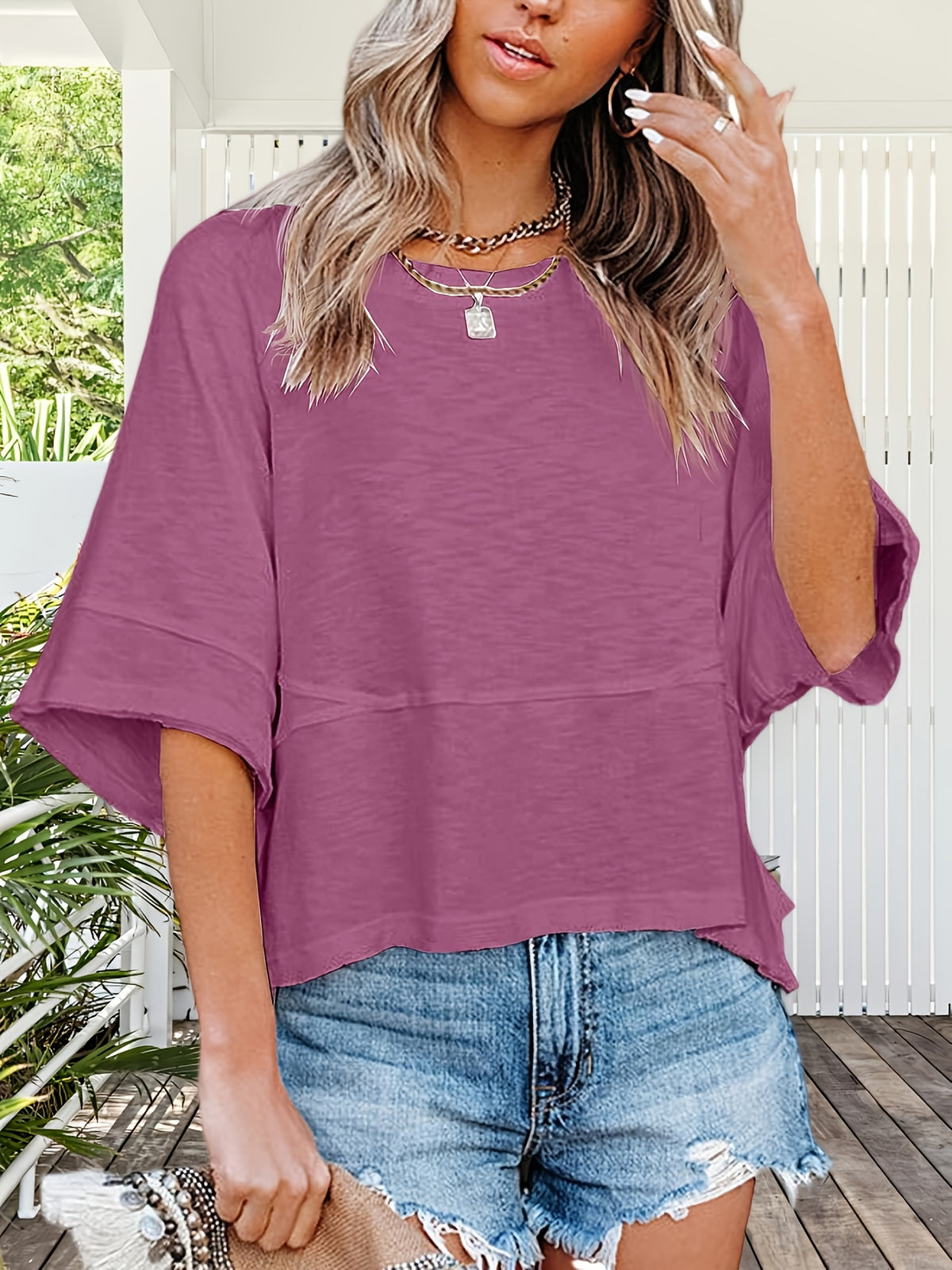 Women's Flowy Batwing Half Sleeve Crewneck T-Shirt Solid Color Loose Fit Casual Summer Top Cute Basic Tee