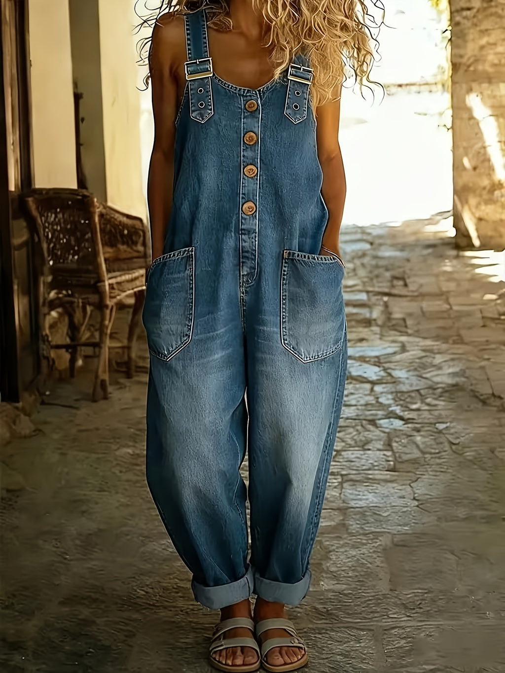 Washed Denim Jumpsuit Women Wide Leg Loose Retro Workwear Sleeveless Single Breasted Pocket Plus Size Solid Color Spring Summer Fall Street Style