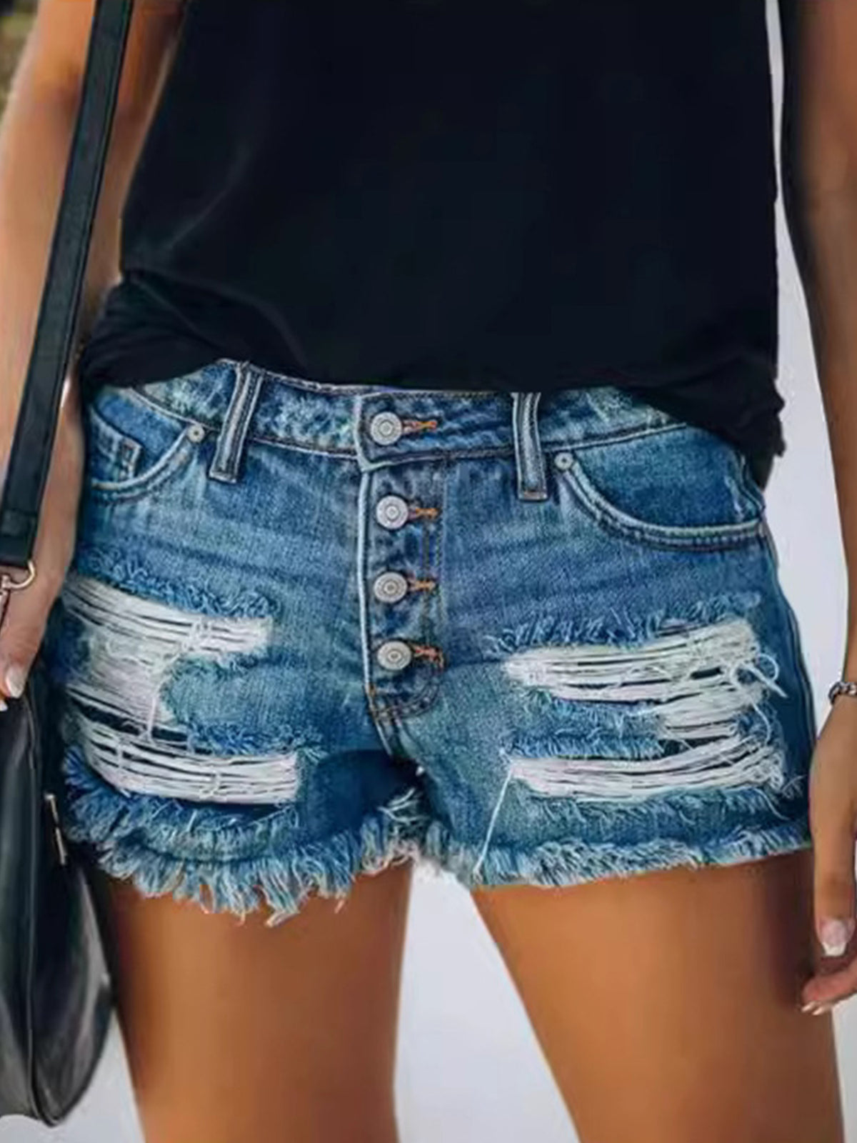 Women Ripped Stretch Denim Shorts Mid Rise Straight Leg Frayed Hem Casual Summer Hot Pants 85% Polyester Machine Washable | Mira Roam