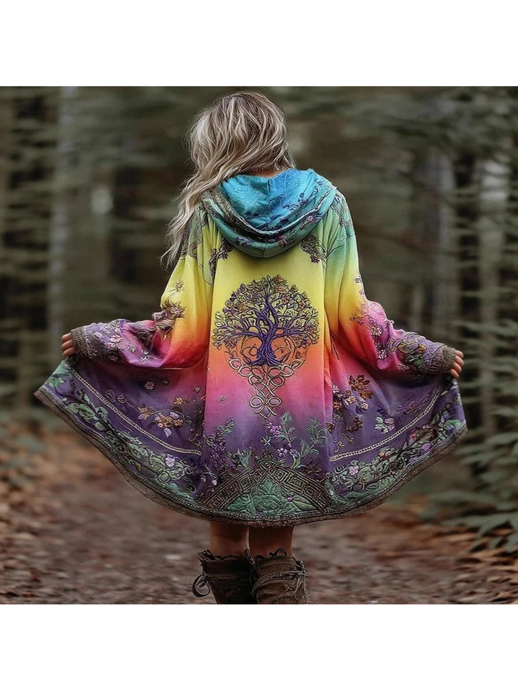 Bohemian Tree of Life Gradient Cardigan Women Hooded Oversized Printed Coat Boho Forest Vacation Photoshoot S-XXL