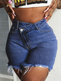 High Waist Ripped Denim Shorts Women Fringe Hem Stretchy Distressed Dark Blue Zipper Fly Five Pockets Slim Fit Summer Party Beach XL