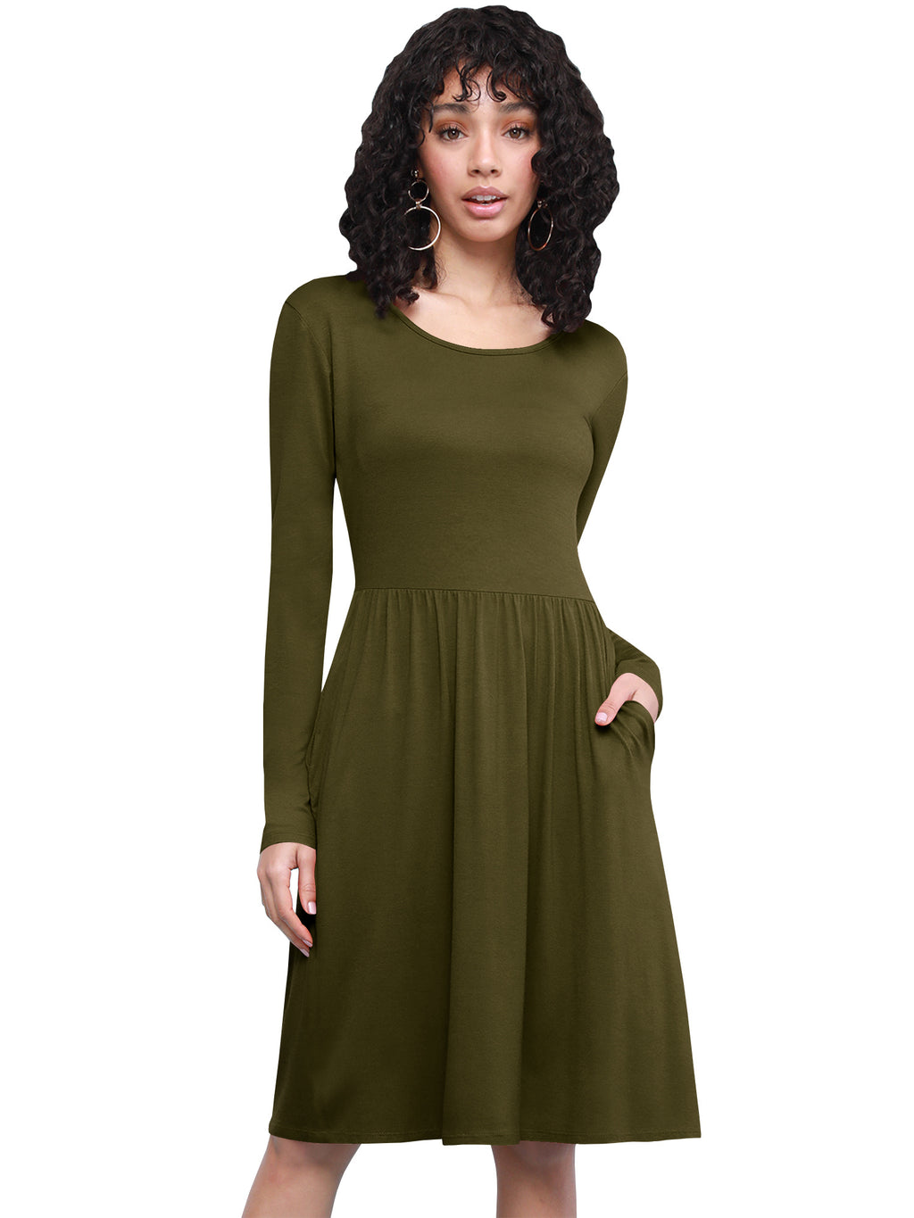 Long Sleeve Flowy Dress with Pockets Women Casual Soft Breathable Relaxed Fit Everyday Dress 18 Colors S-XXL