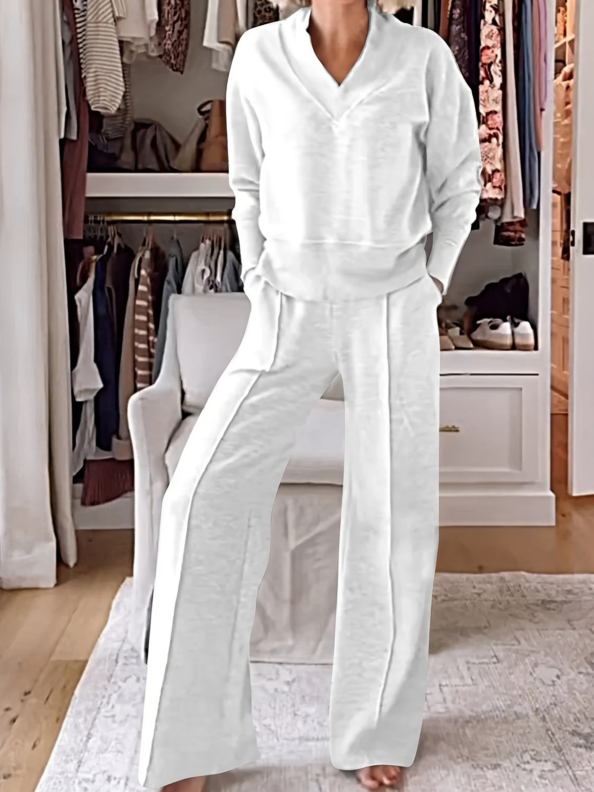 Women's 2 Piece Set V-Neck Long Sleeve Loose Top and Wide Leg Pants Casual Elegant Matching Outfit Spring Fall Fashion