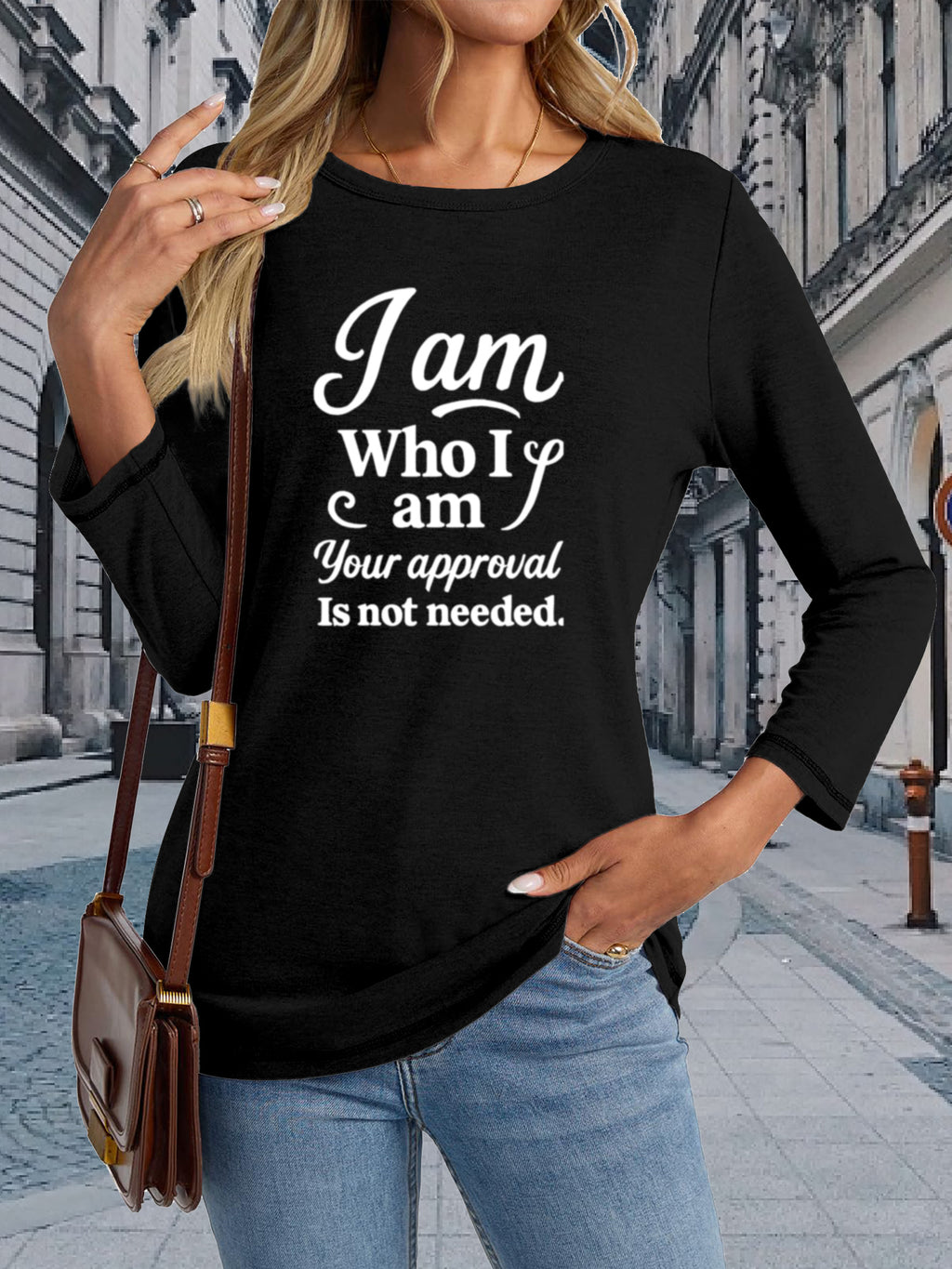 Slogan Print Long Sleeve T-Shirt Women Crew Neck Casual Graphic Tee for Travel Work Campus 100% Polyester S-XXL