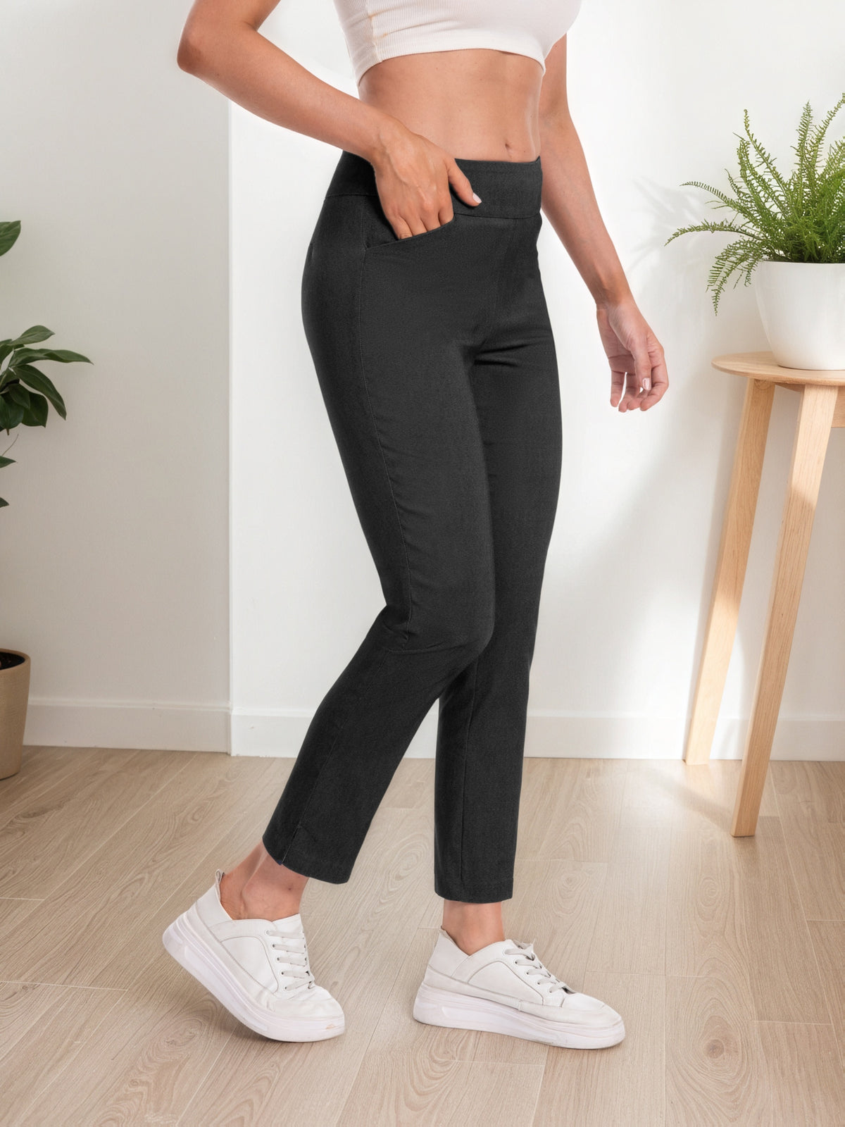 Pull-On Stretch Ankle Pants Women High Waist Wide Waistband Slim Straight Leg Side Pockets Business Casual Work Office Travel Everyday S-XXL