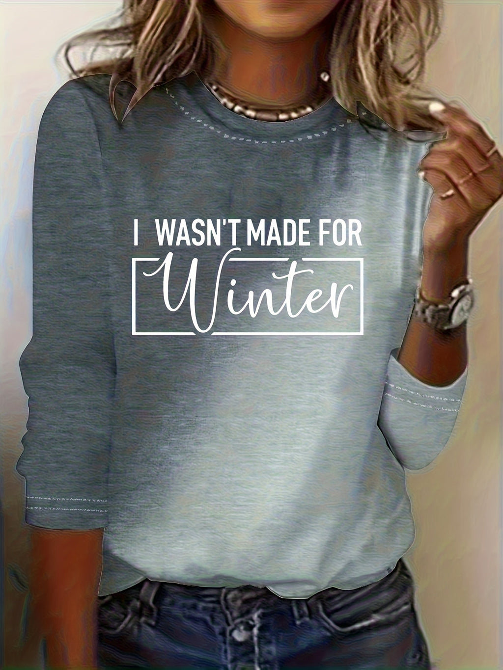 Vintage Slogan Long Sleeve Tee Women I'm Not Made in Winter Print Round Neck 200gsm Stretchy Casual Spring Fall Top S-XXL